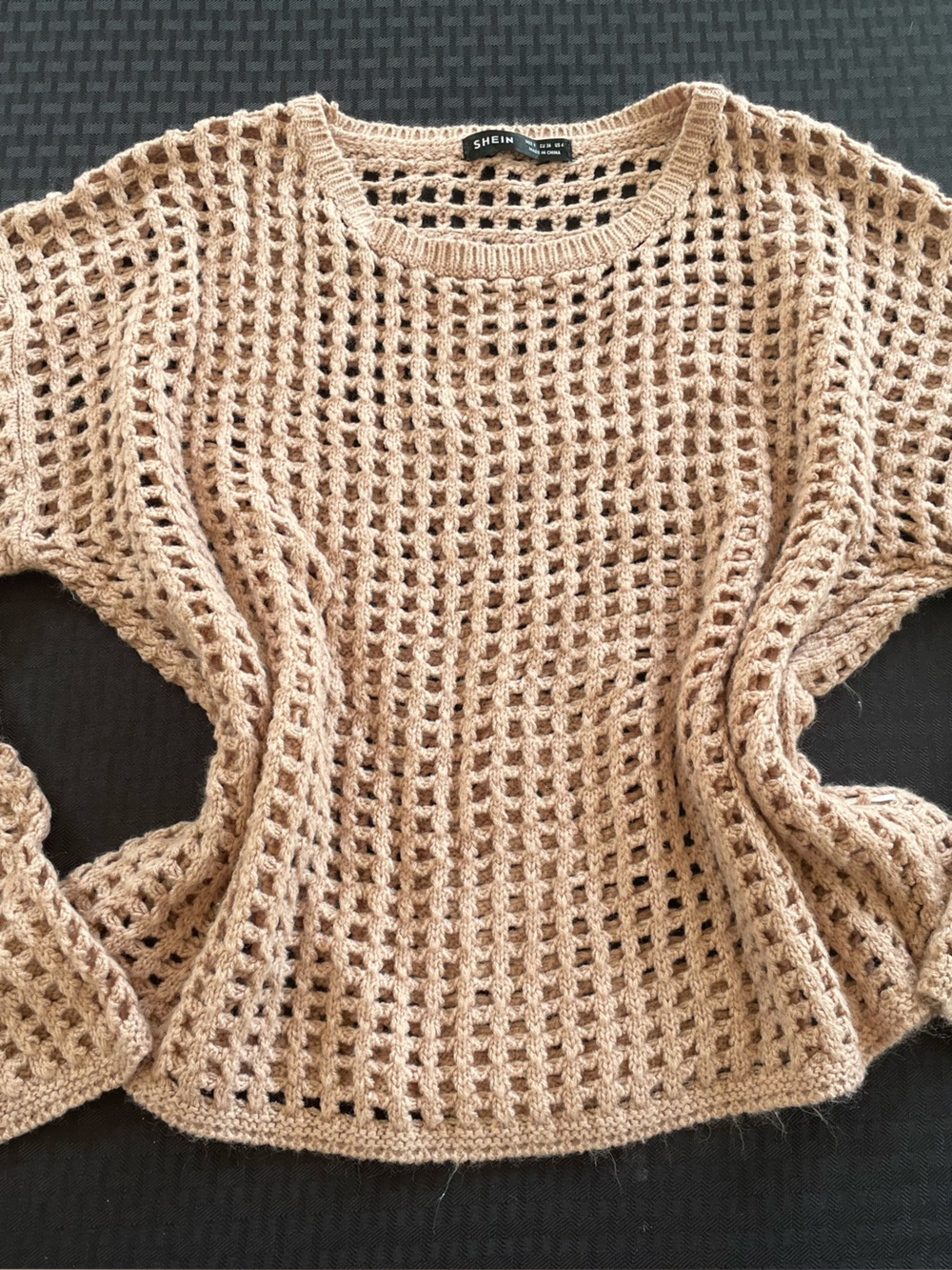 SHEIN Open-Weave Crewneck Sweater in Beige